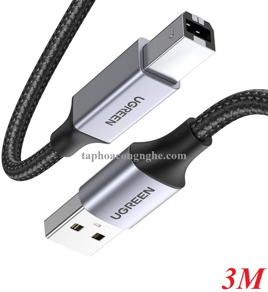 Ugreen 80804 3M đầu nhôm dây bọc lưới chống nhiễu cáp máy in màu Đen 2.0 USB A sang B US369 30080804